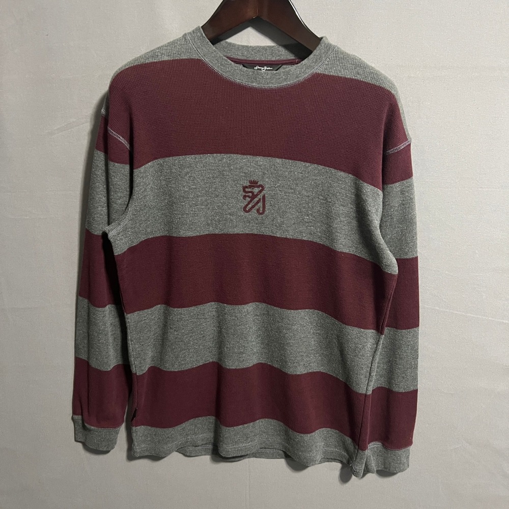 Sean John Mens XL Striped Thermal Waffle Knit Long Sleeve Shirt Grey Burgundy